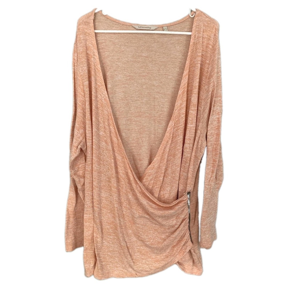 Soft Surroundings Tunic Top Women 2X Peach Surplice Zip Ruched Long Sleeve